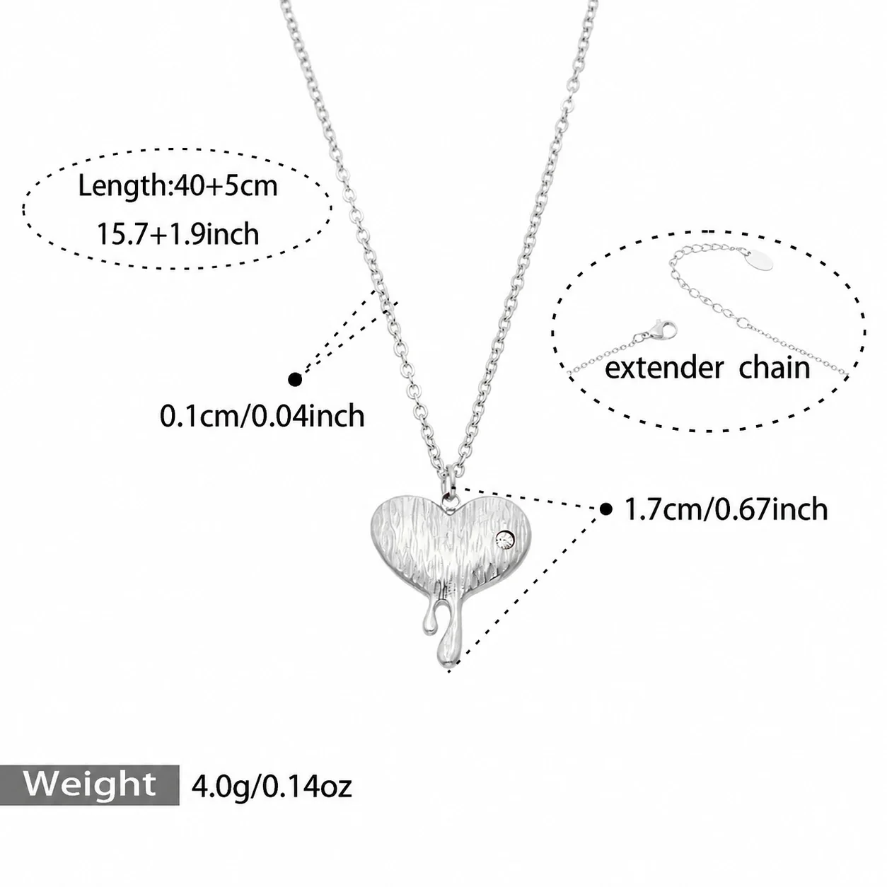 Heart & Geometric Pendant Necklaces in Stainless Steel - Silver Melted Heart CZ, 40+5 cm