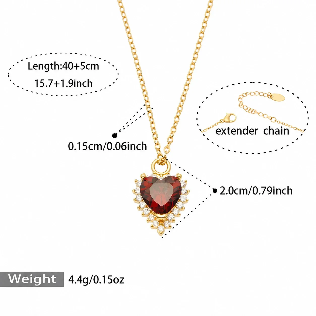 Heart & Geometric Pendant Necklaces in Stainless Steel - Gold Glass Heart CZ, 40+5 cm