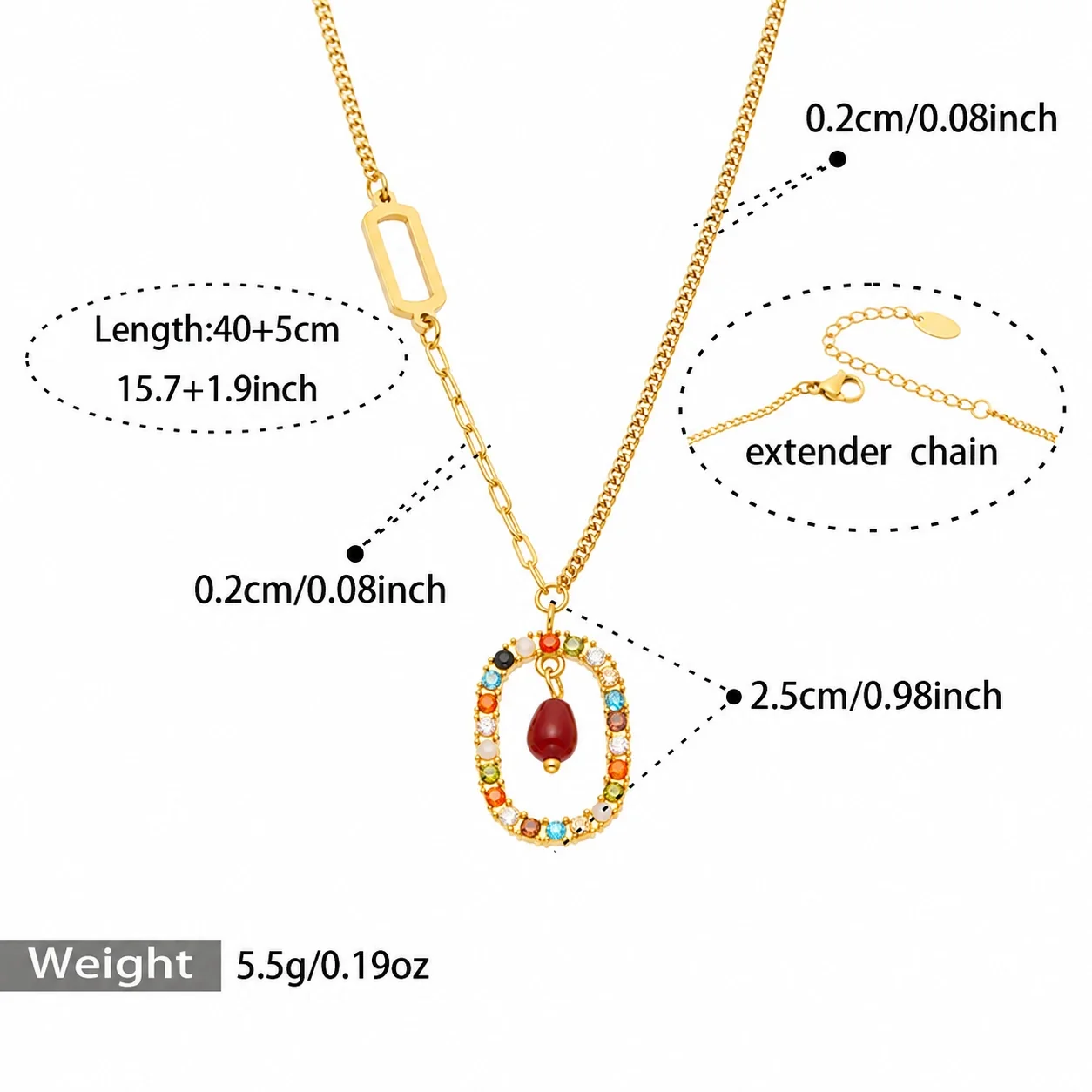 Heart & Geometric Pendant Necklaces in Stainless Steel - Gold Multicolor CZ, 40+5 cm