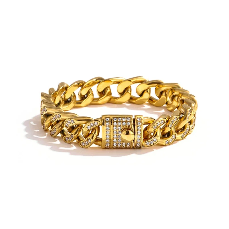 Cuban Bracelet Pavé Clasp 316 Stainless Steel Gold PVD