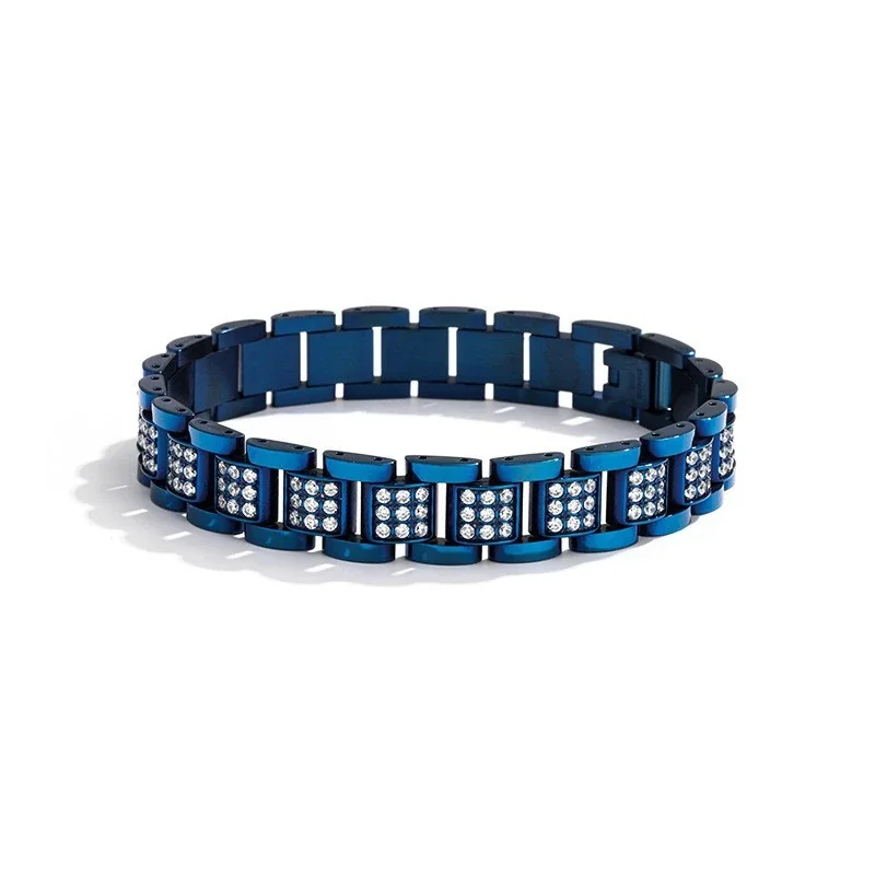Cuban Bracelet Pavé Clasp 316 Stainless Steel Gold PVD - 12 mm x 21.5 cm Blue with Stones