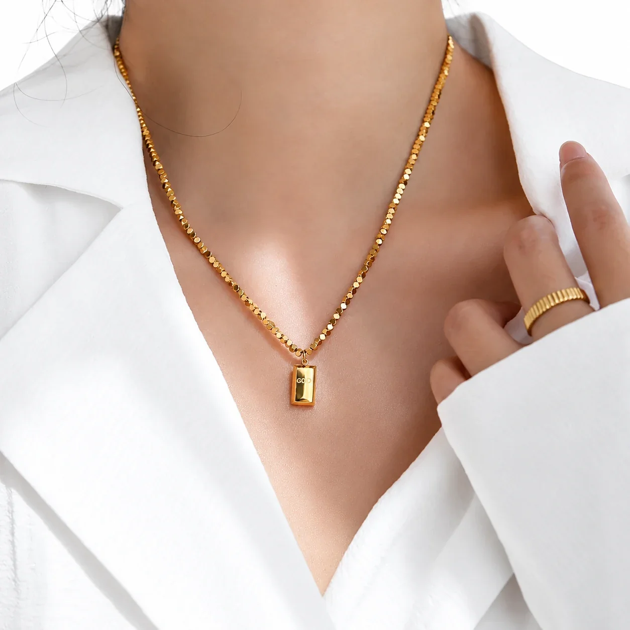 Rectangular Bar Pendant Necklace, 18K Gold-Plated Stainless Steel