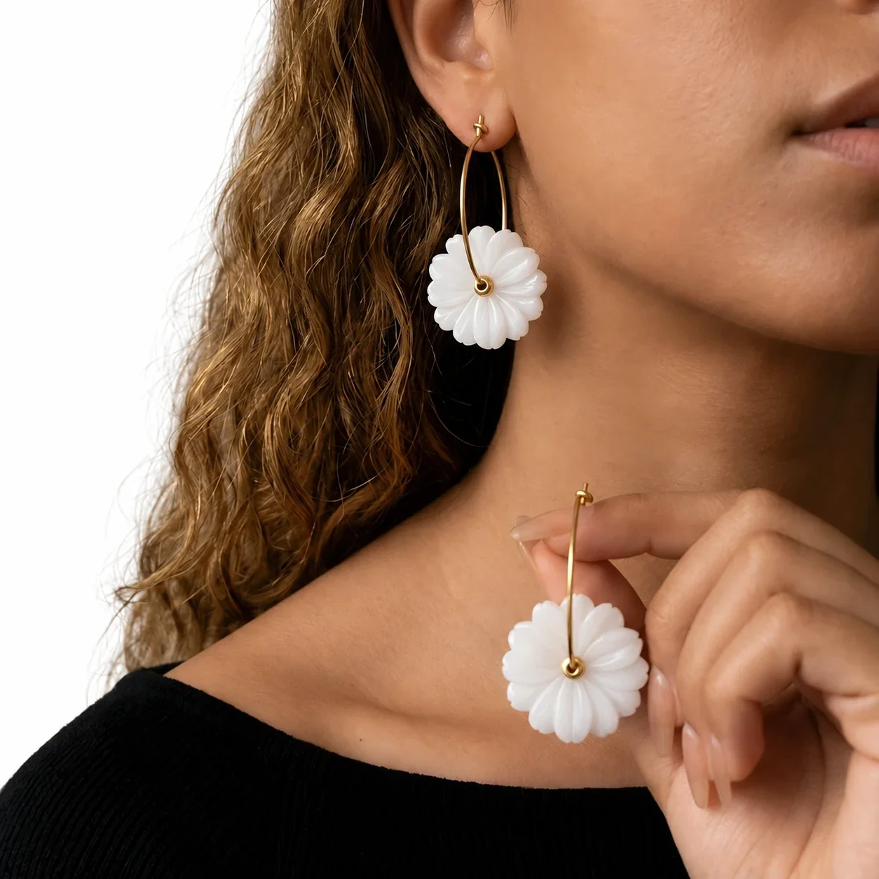 Floral Hoop Earrings, White Drops, 316 Stainless Steel 18K Gold PVD