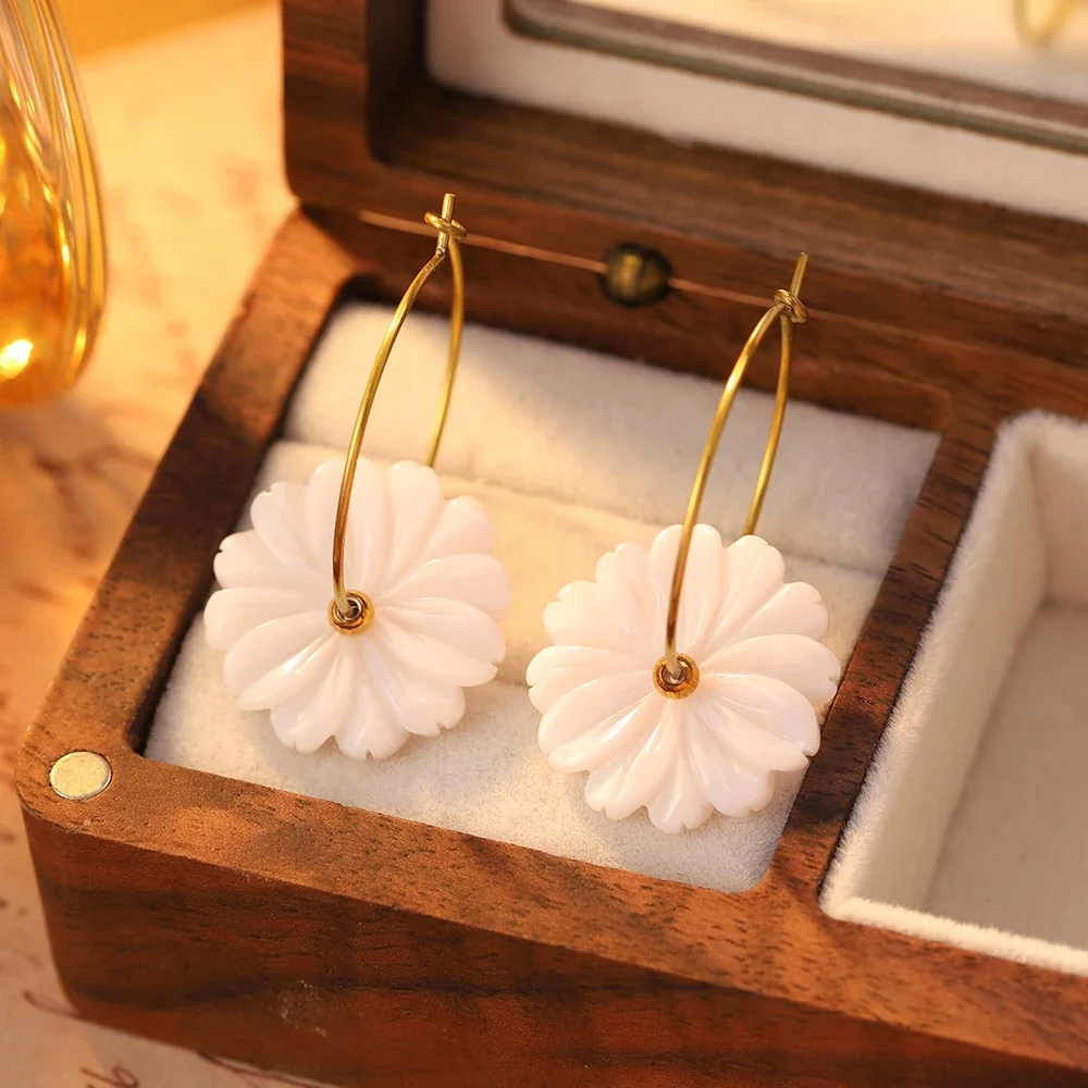 Floral Hoop Earrings, White Drops, 316 Stainless Steel 18K Gold PVD
