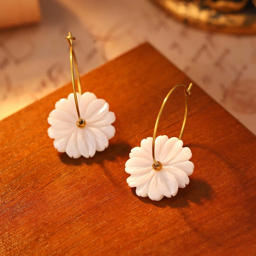 Floral Hoop Earrings, White Drops, 316 Stainless Steel 18K Gold PVD