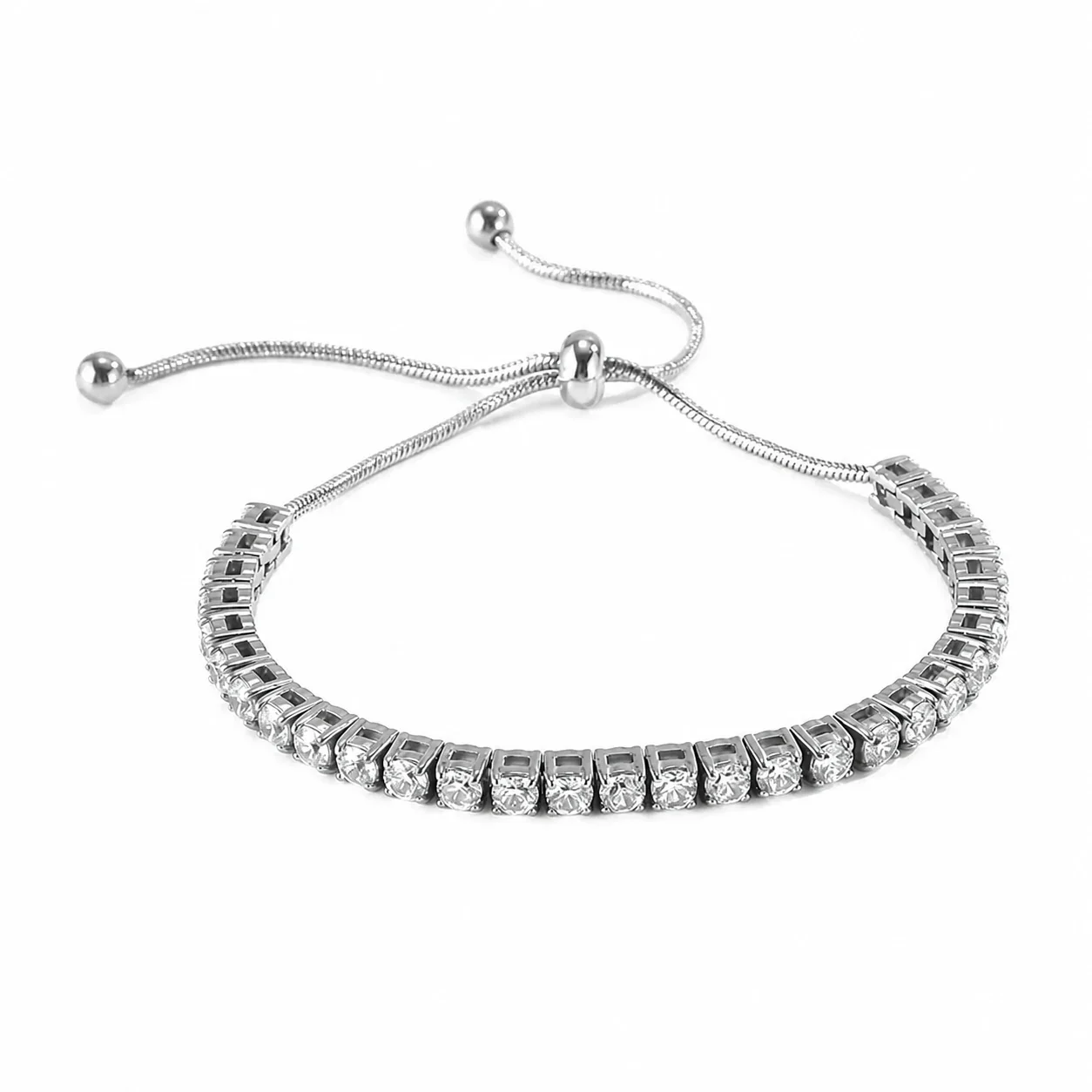 Polished 316 Stainless Steel Round CZ Tennis Bracelet - White Round Stone