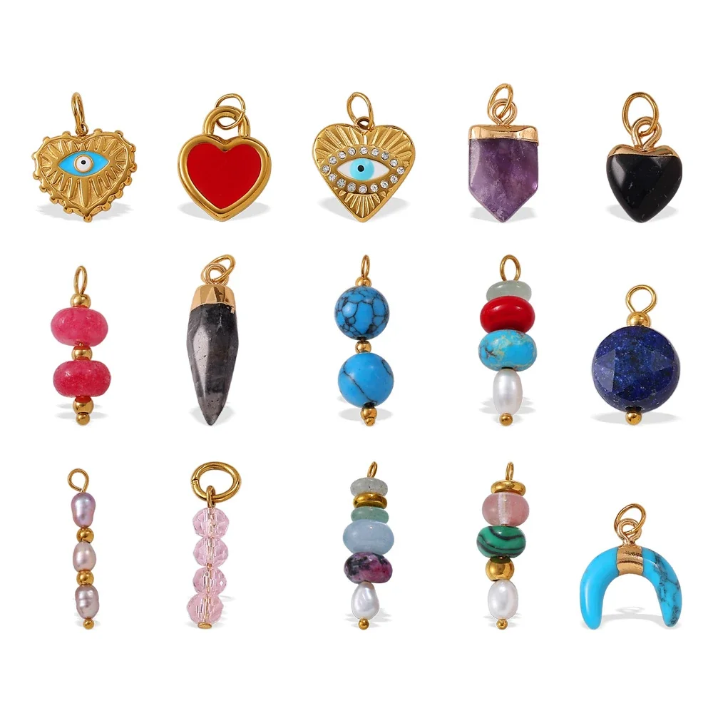 Pendant Charms, Enamel Hearts & Beads, 18K Gold-Plated Stainless Steel