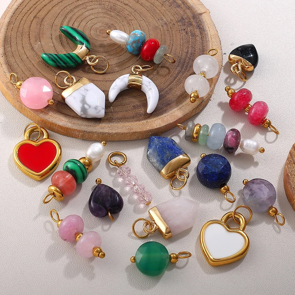 Pendant Charms, Enamel Hearts & Beads, 18K Gold-Plated Stainless Steel