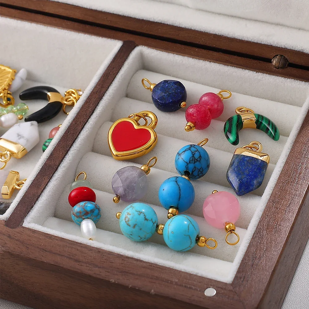 Pendant Charms, Enamel Hearts & Beads, 18K Gold-Plated Stainless Steel