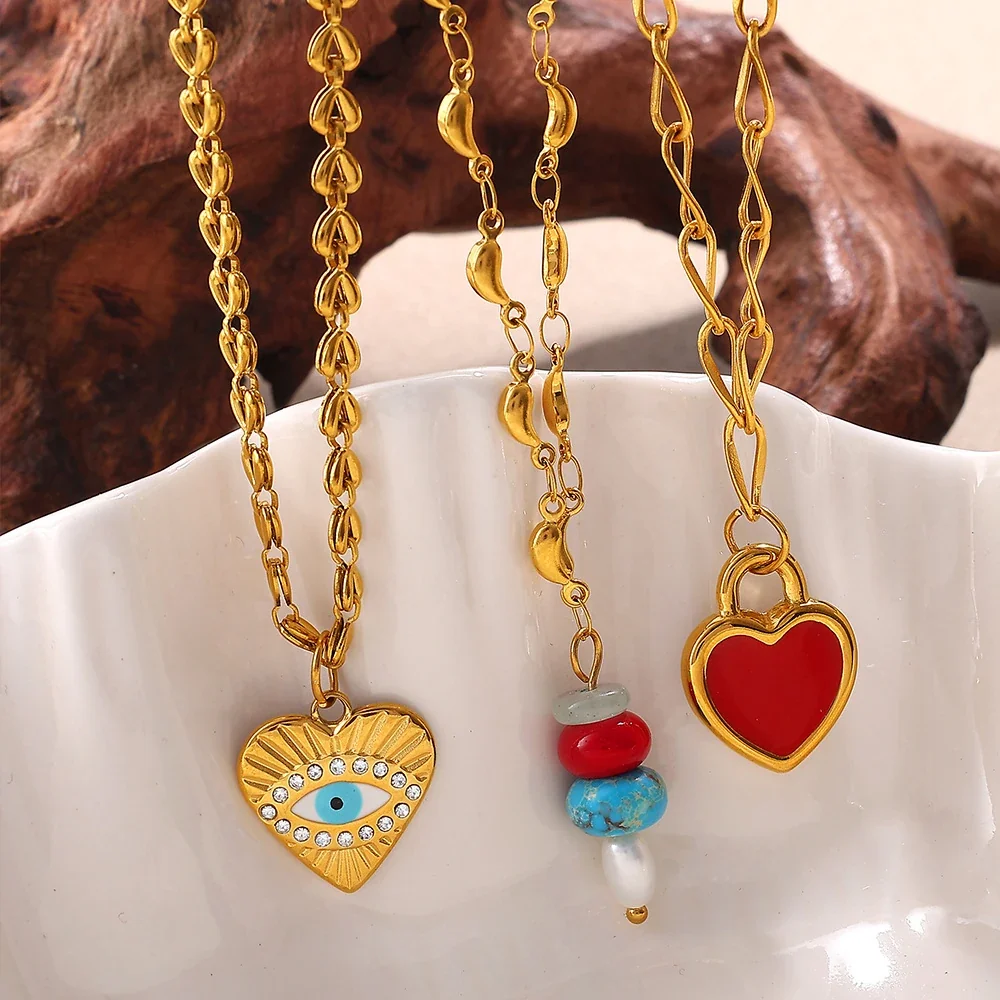 Pendant Charms, Enamel Hearts & Beads, 18K Gold-Plated Stainless Steel