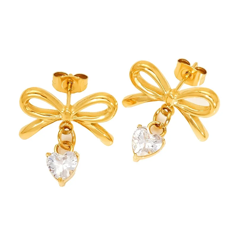 Delicate Gold-Plated Stainless Steel Bow CZ Drop Stud Earrings
