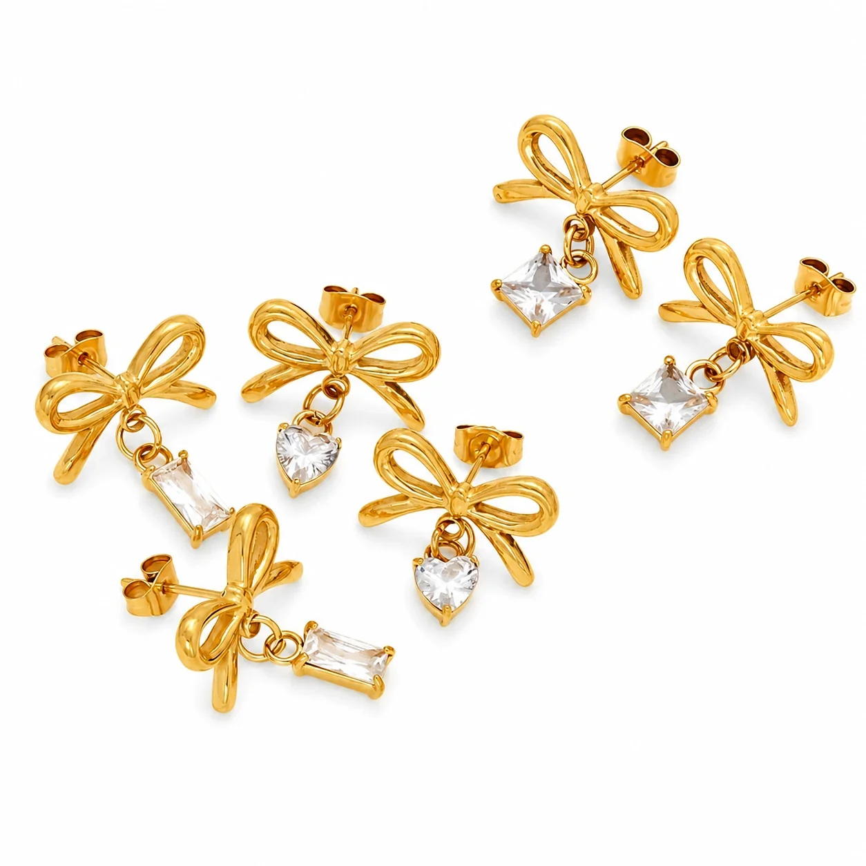 Delicate Gold-Plated Stainless Steel Bow CZ Drop Stud Earrings
