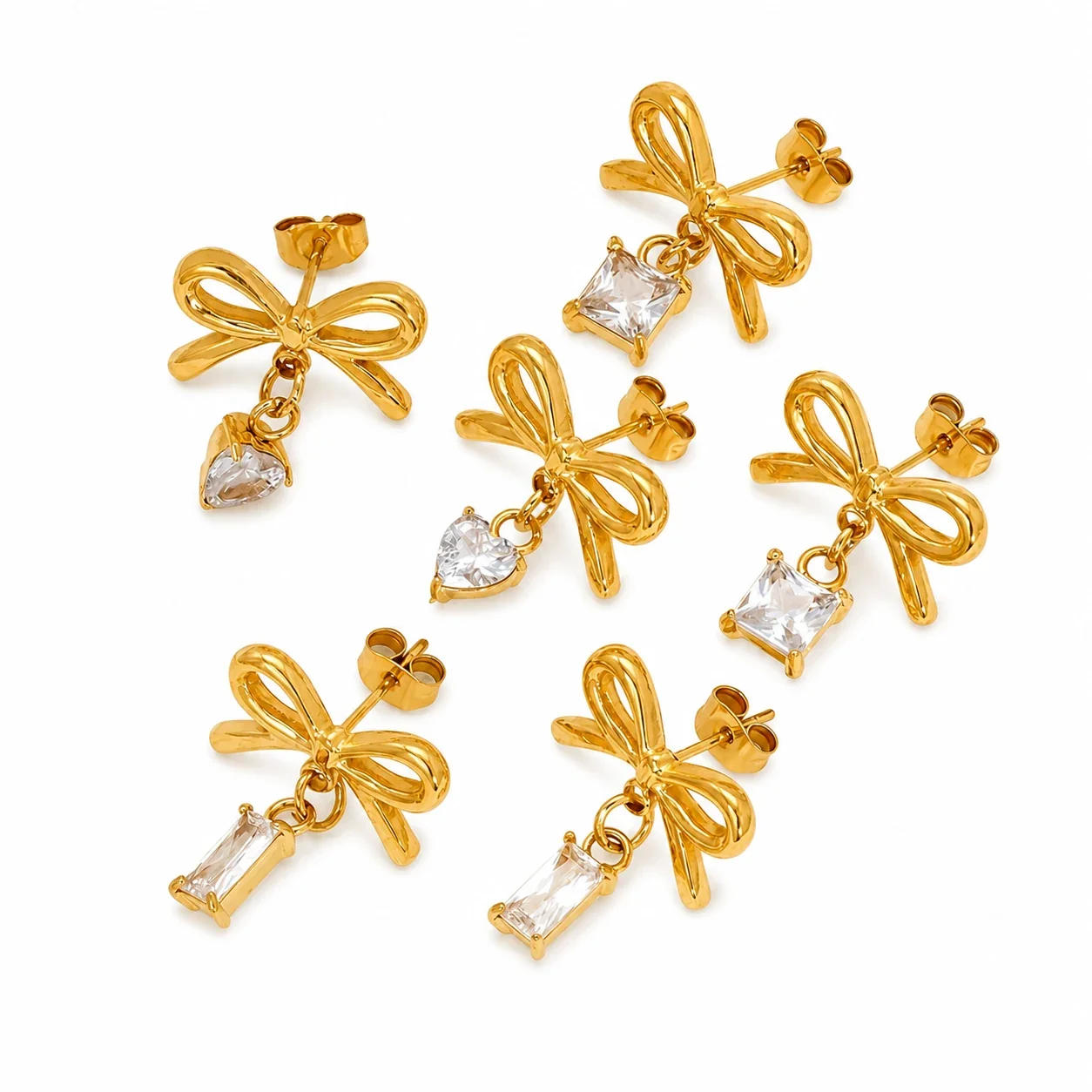 Delicate Gold-Plated Stainless Steel Bow CZ Drop Stud Earrings