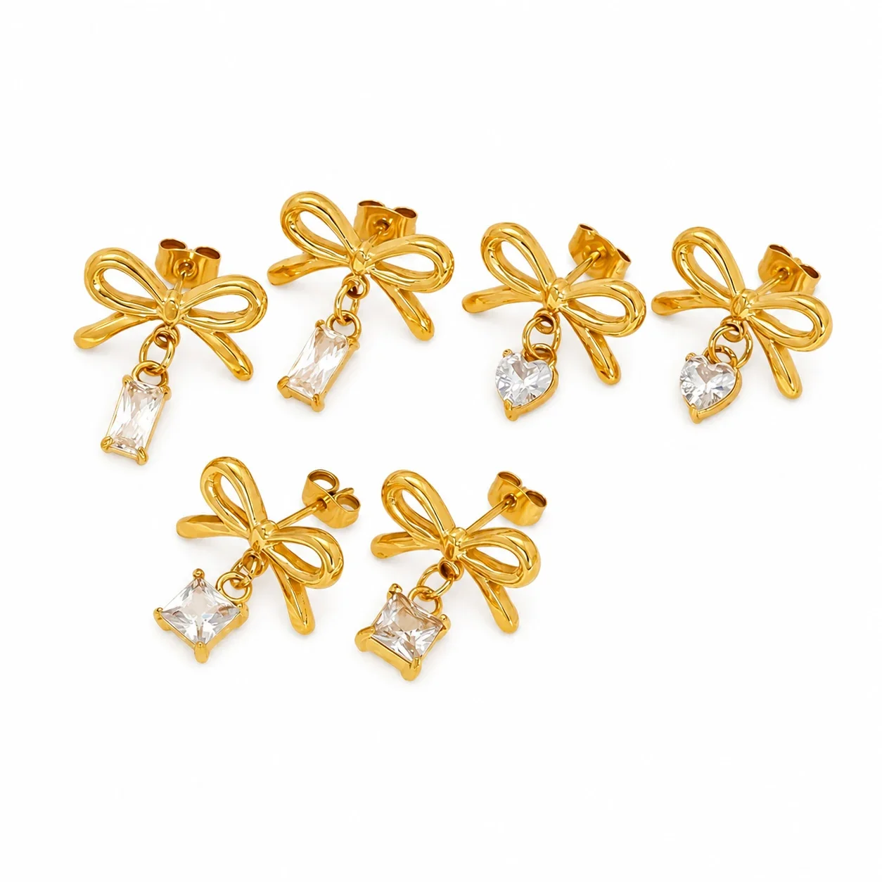Delicate Gold-Plated Stainless Steel Bow CZ Drop Stud Earrings