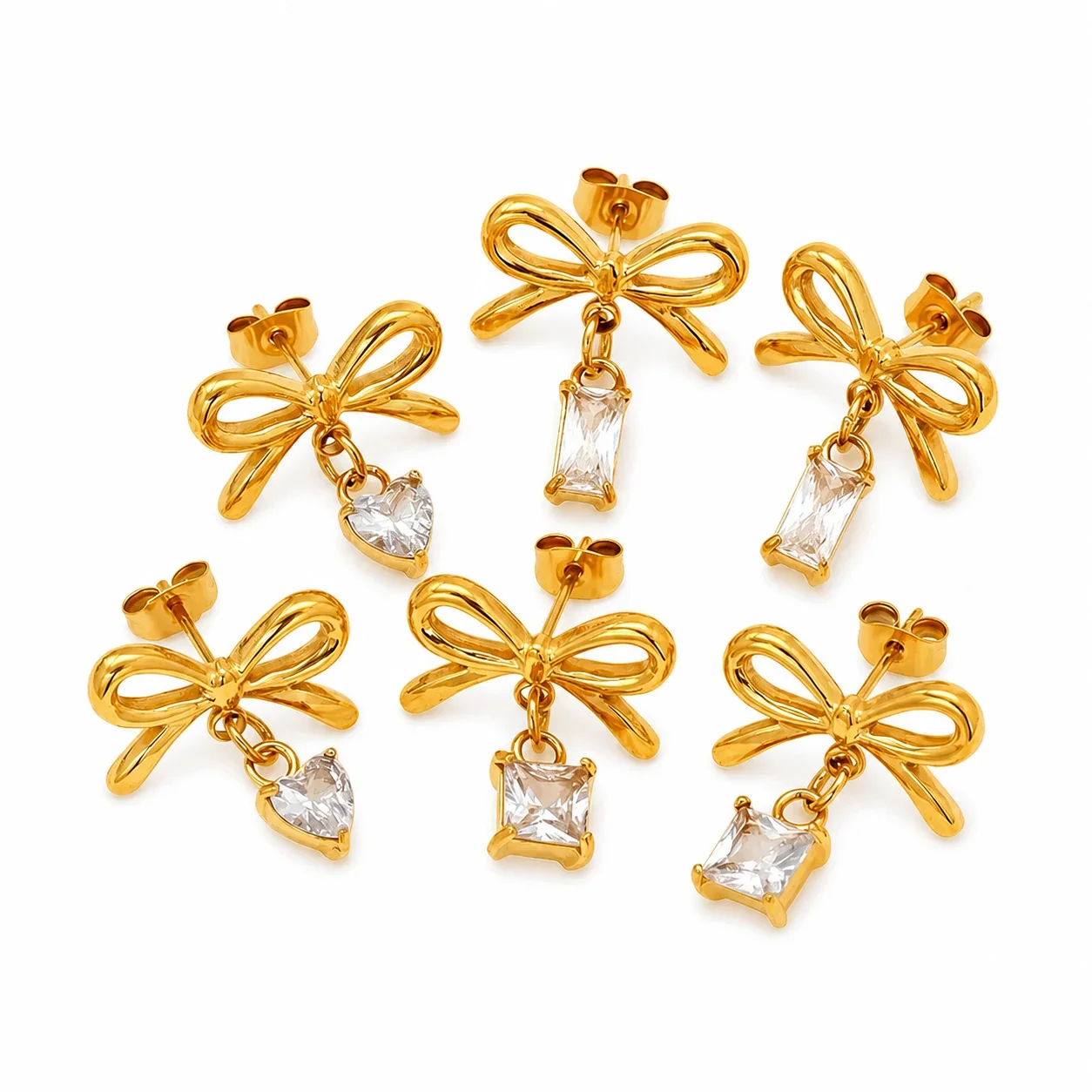 Delicate Gold-Plated Stainless Steel Bow CZ Drop Stud Earrings