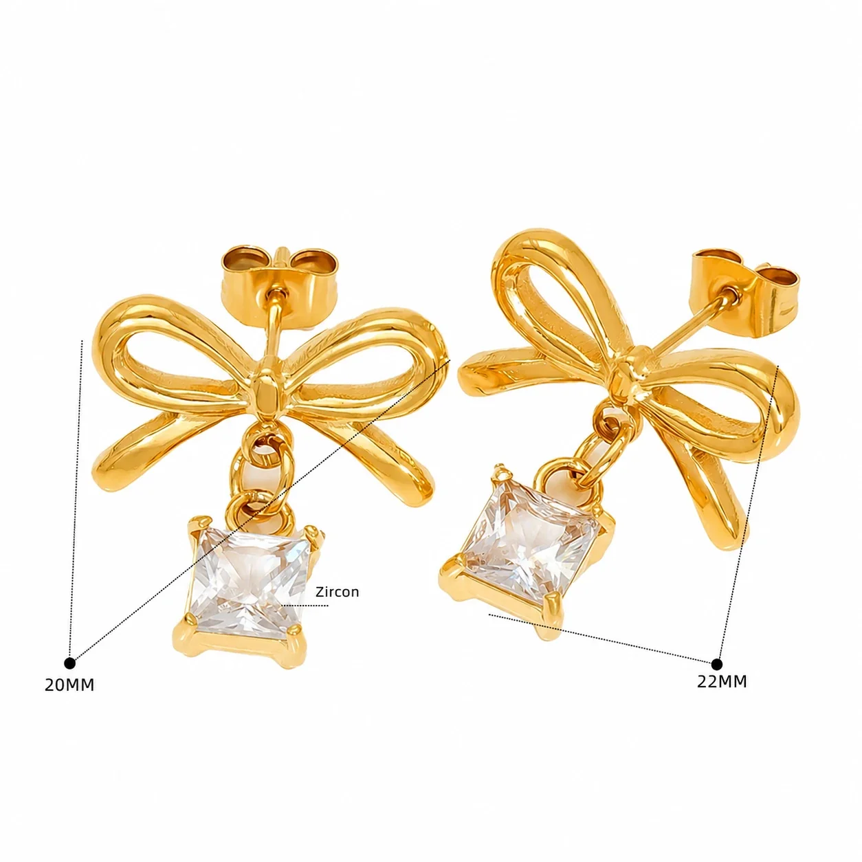 Delicate Gold-Plated Stainless Steel Bow CZ Drop Stud Earrings - Gold Heart CZ