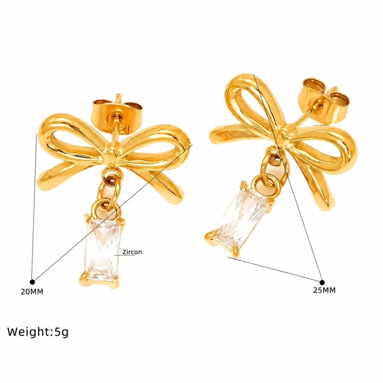 Delicate Gold-Plated Stainless Steel Bow CZ Drop Stud Earrings - Gold Square CZ