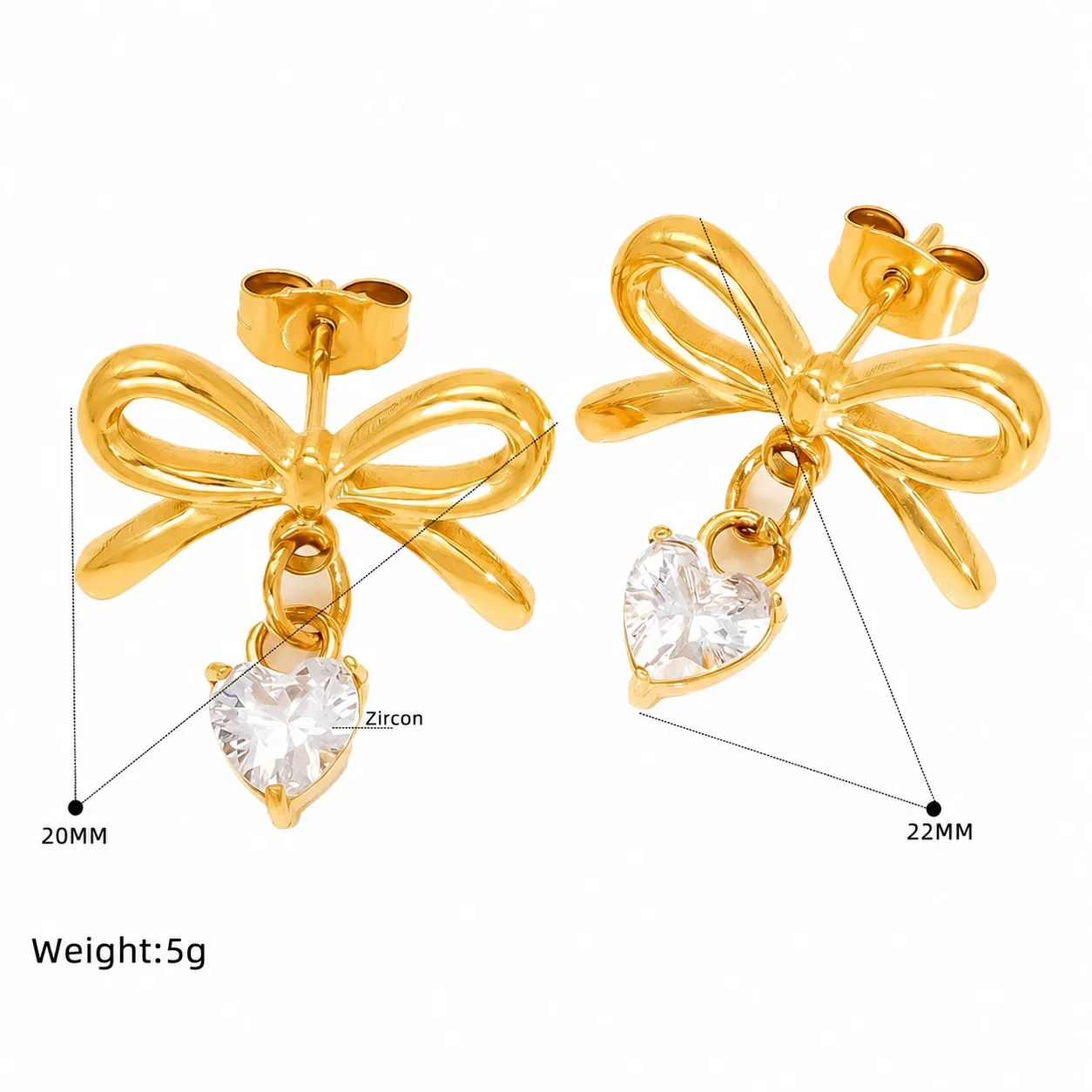 Delicate Gold-Plated Stainless Steel Bow CZ Drop Stud Earrings - Gold Baguette CZ