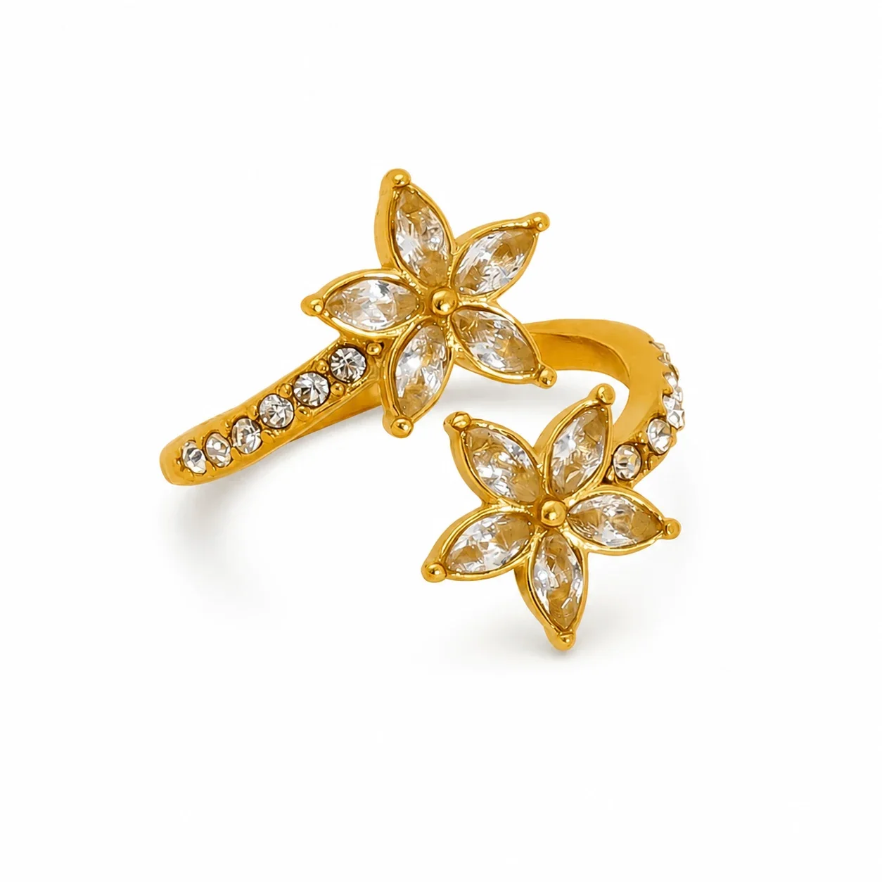 Artful Gold-Plated Stainless Steel Marquise Crystal Flower Open Ring