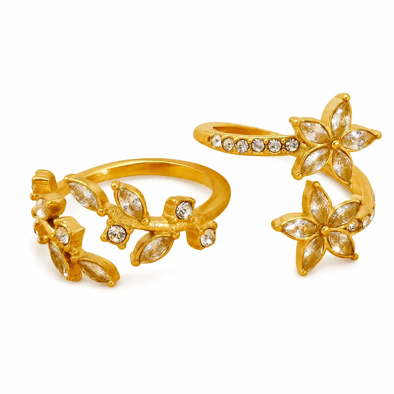 Artful Gold-Plated Stainless Steel Marquise Crystal Flower Open Ring