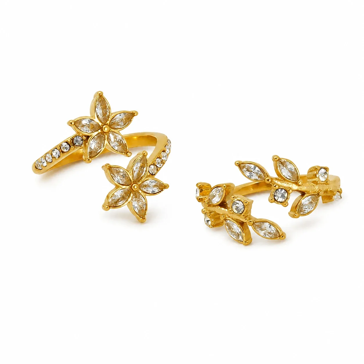 Artful Gold-Plated Stainless Steel Marquise Crystal Flower Open Ring