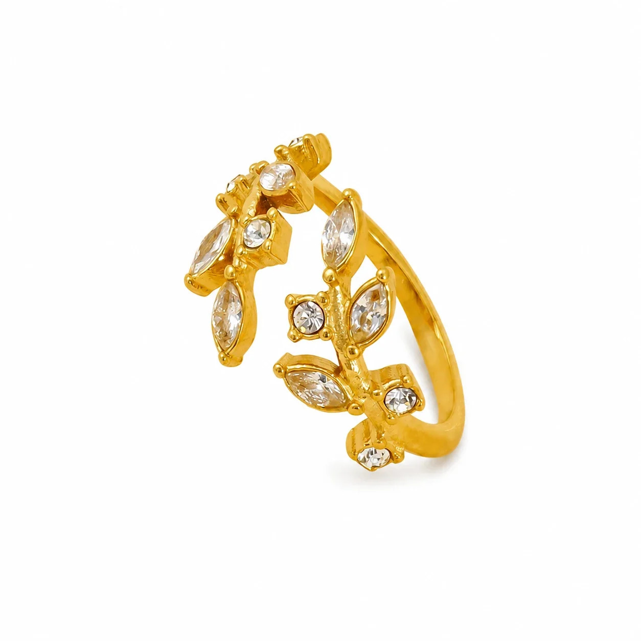 Artful Gold-Plated Stainless Steel Marquise Crystal Flower Open Ring