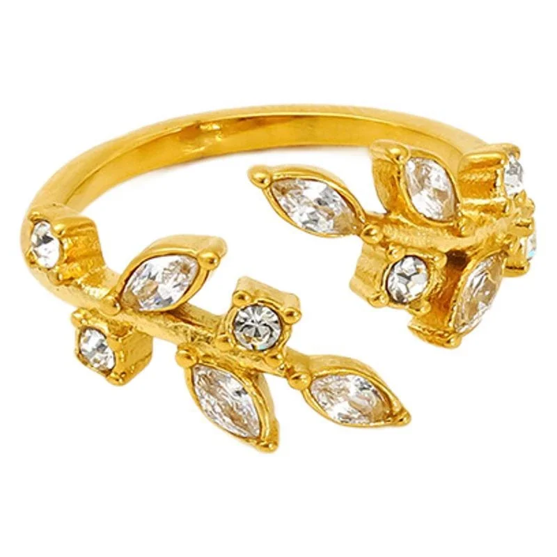 Artful Gold-Plated Stainless Steel Marquise Crystal Flower Open Ring