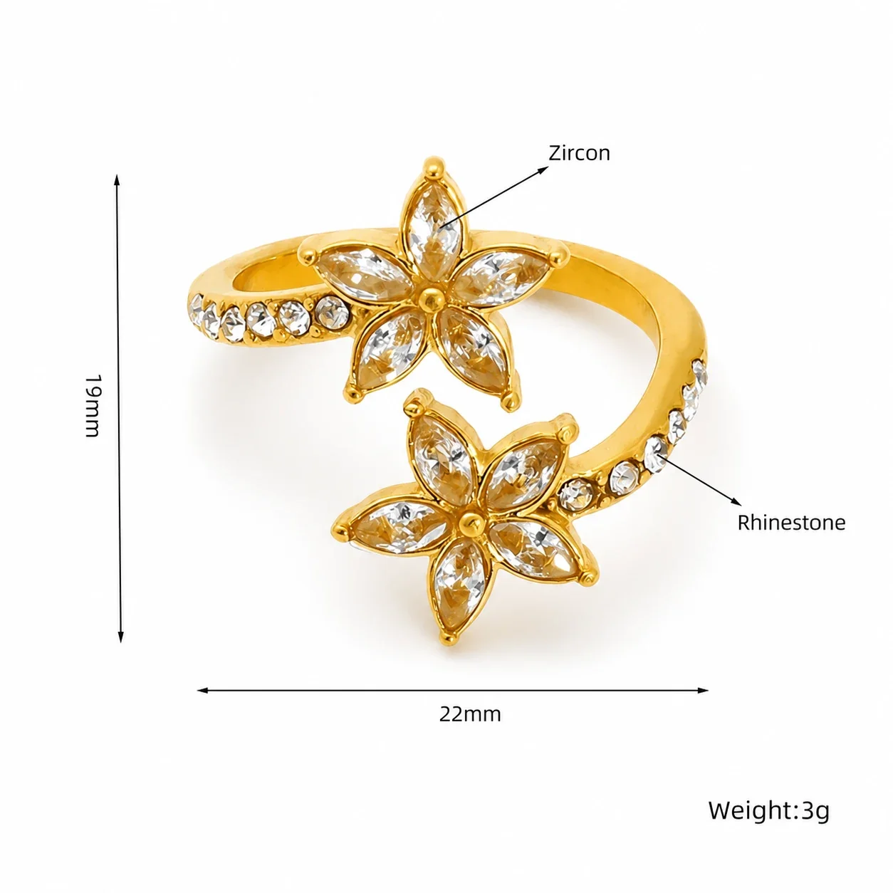 Artful Gold-Plated Stainless Steel Marquise Crystal Flower Open Ring - Gold Double Flower