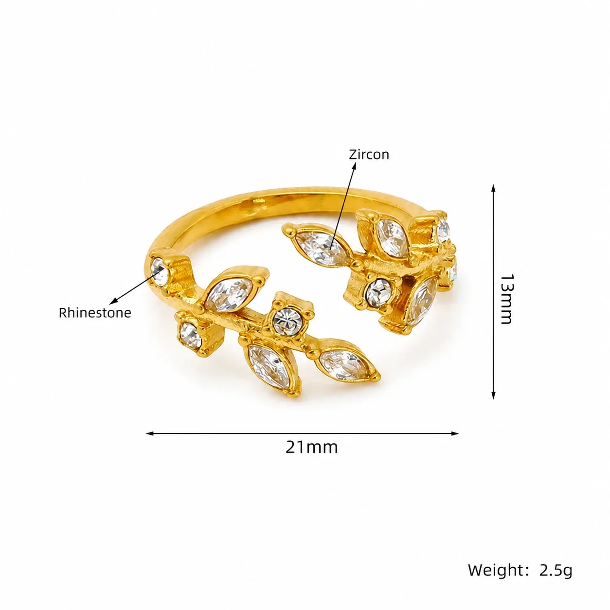 Artful Gold-Plated Stainless Steel Marquise Crystal Flower Open Ring - Gold Leaf Vine