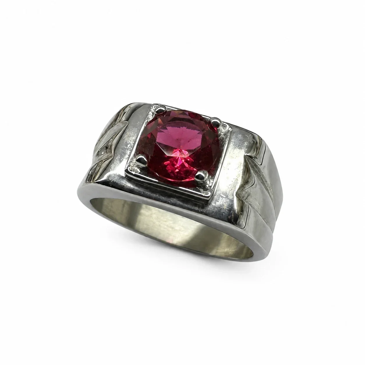 Bold 316 Stainless Steel Round Stone Signet Ring - Red