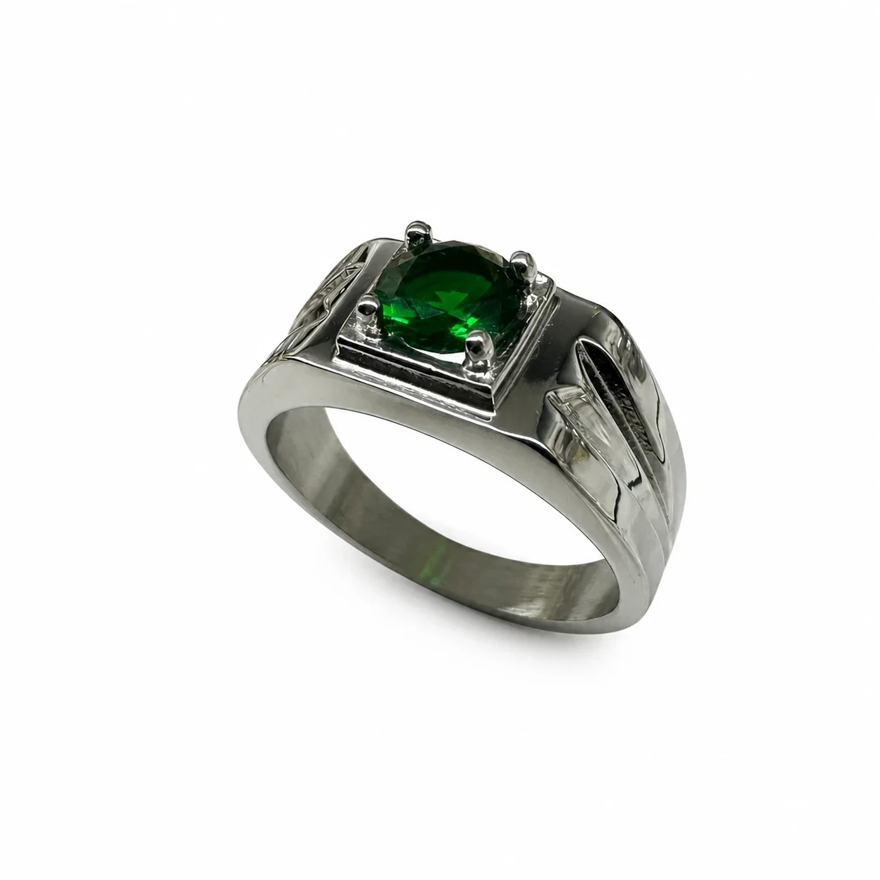 Bold 316 Stainless Steel Round Stone Signet Ring - Green