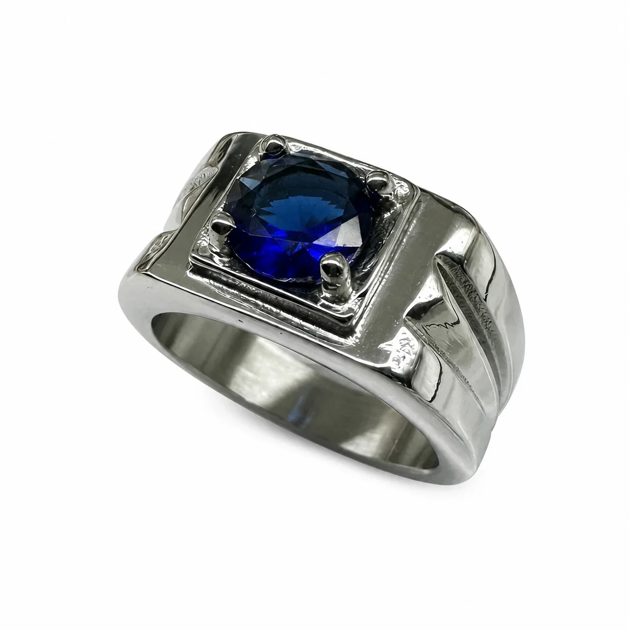 Bold 316 Stainless Steel Round Stone Signet Ring - Blue