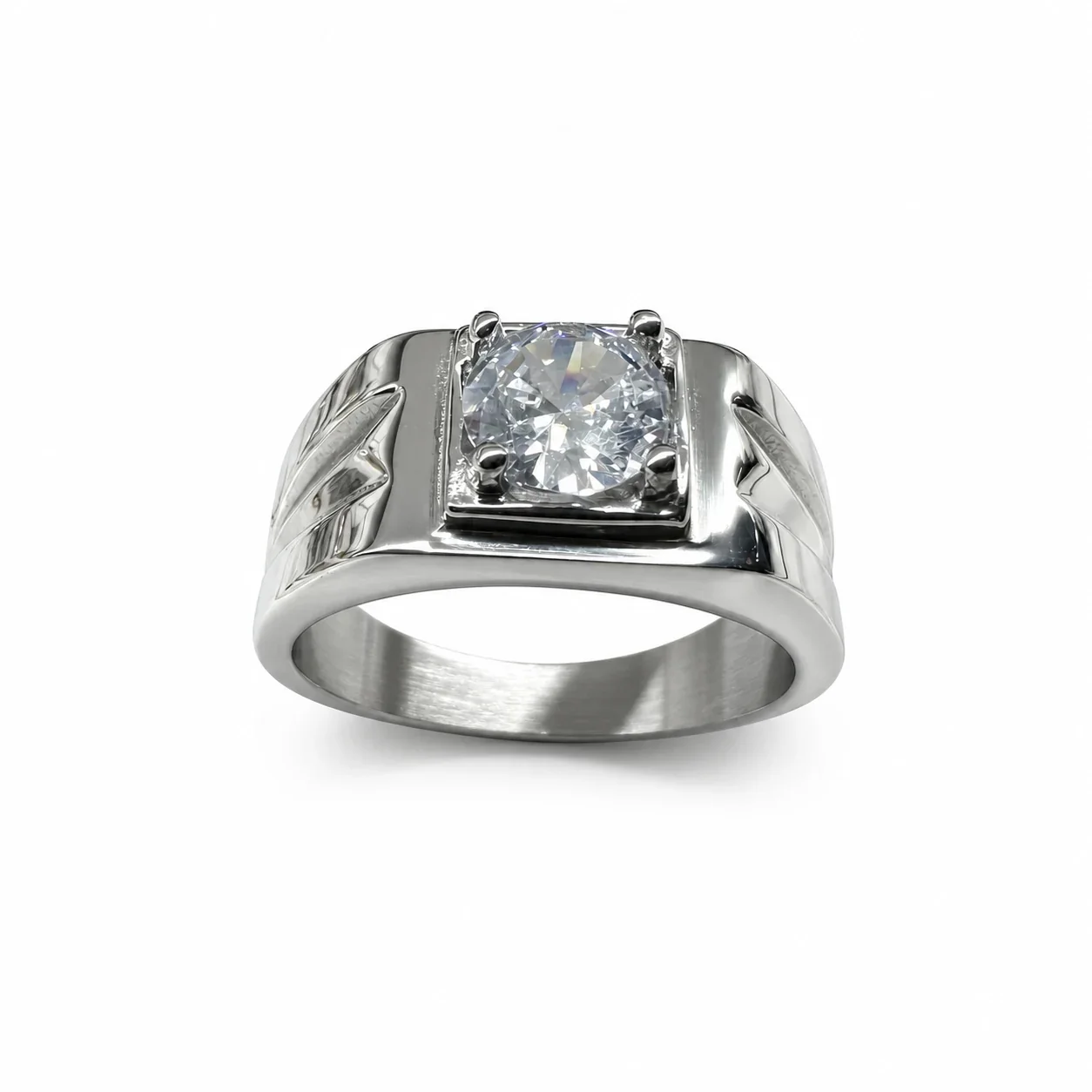 Bold 316 Stainless Steel Round Stone Signet Ring - Clear