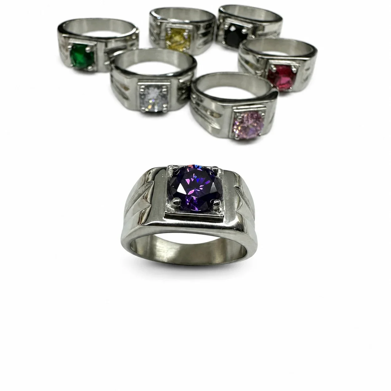 Bold 316 Stainless Steel Round Stone Signet Ring - Purple