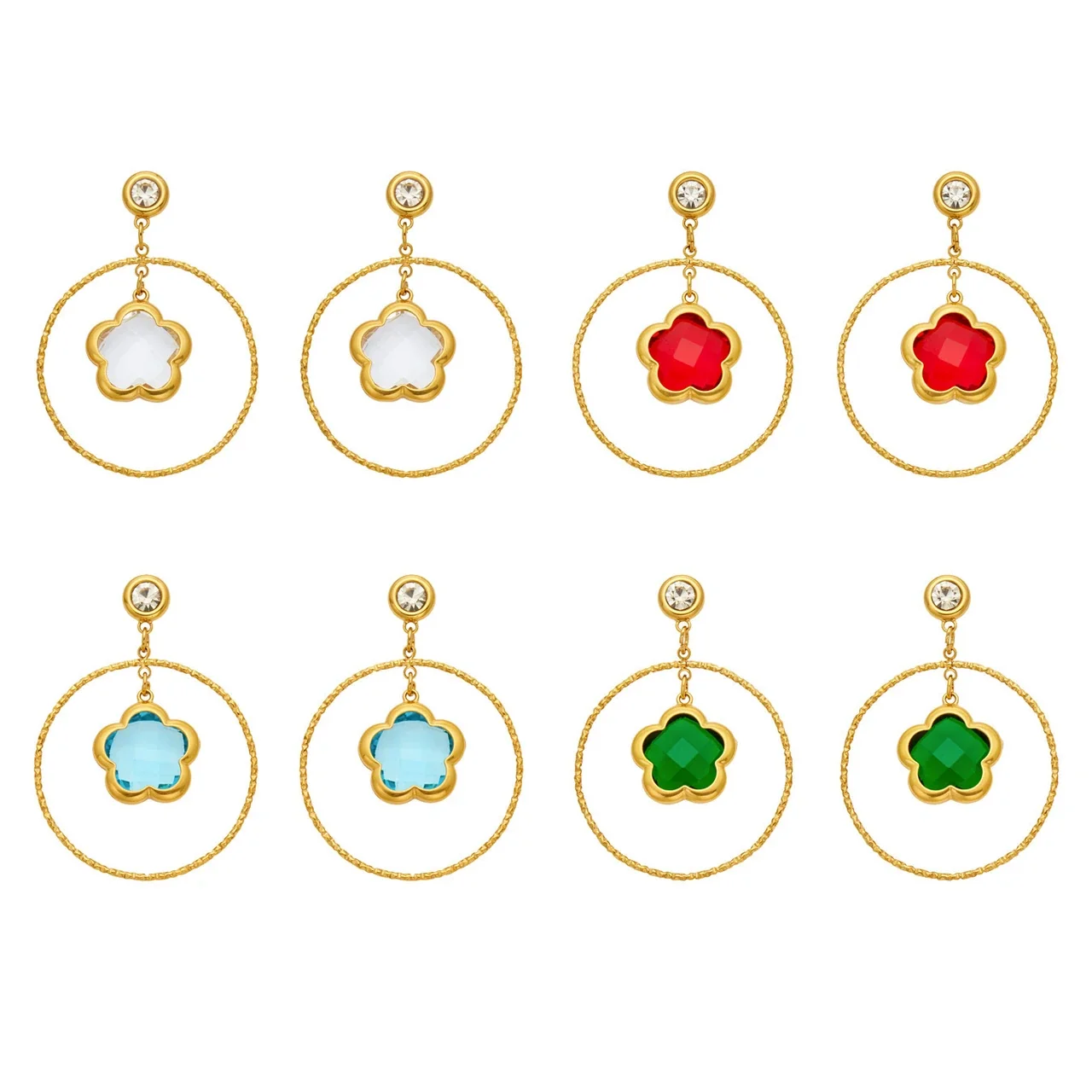 Luminous Gold PVD 316L Stainless Steel Flower Crystal Hoop Drop Earrings