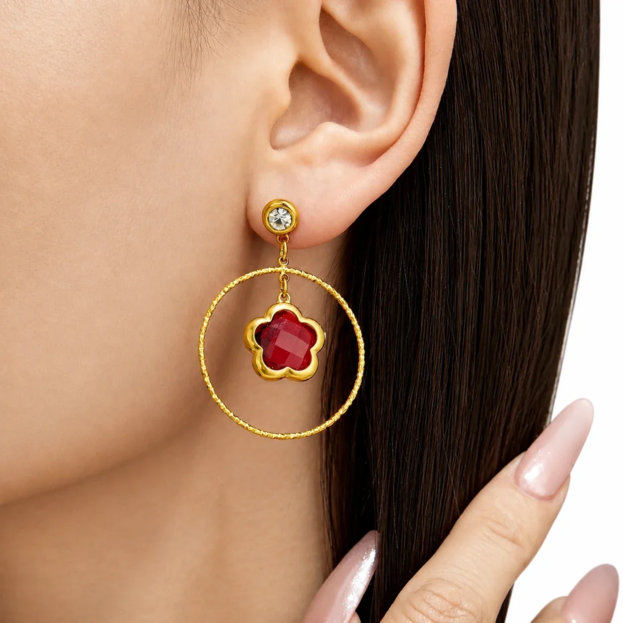 Luminous Gold-Plated 316L Flower Crystal Hoop Drop Earrings