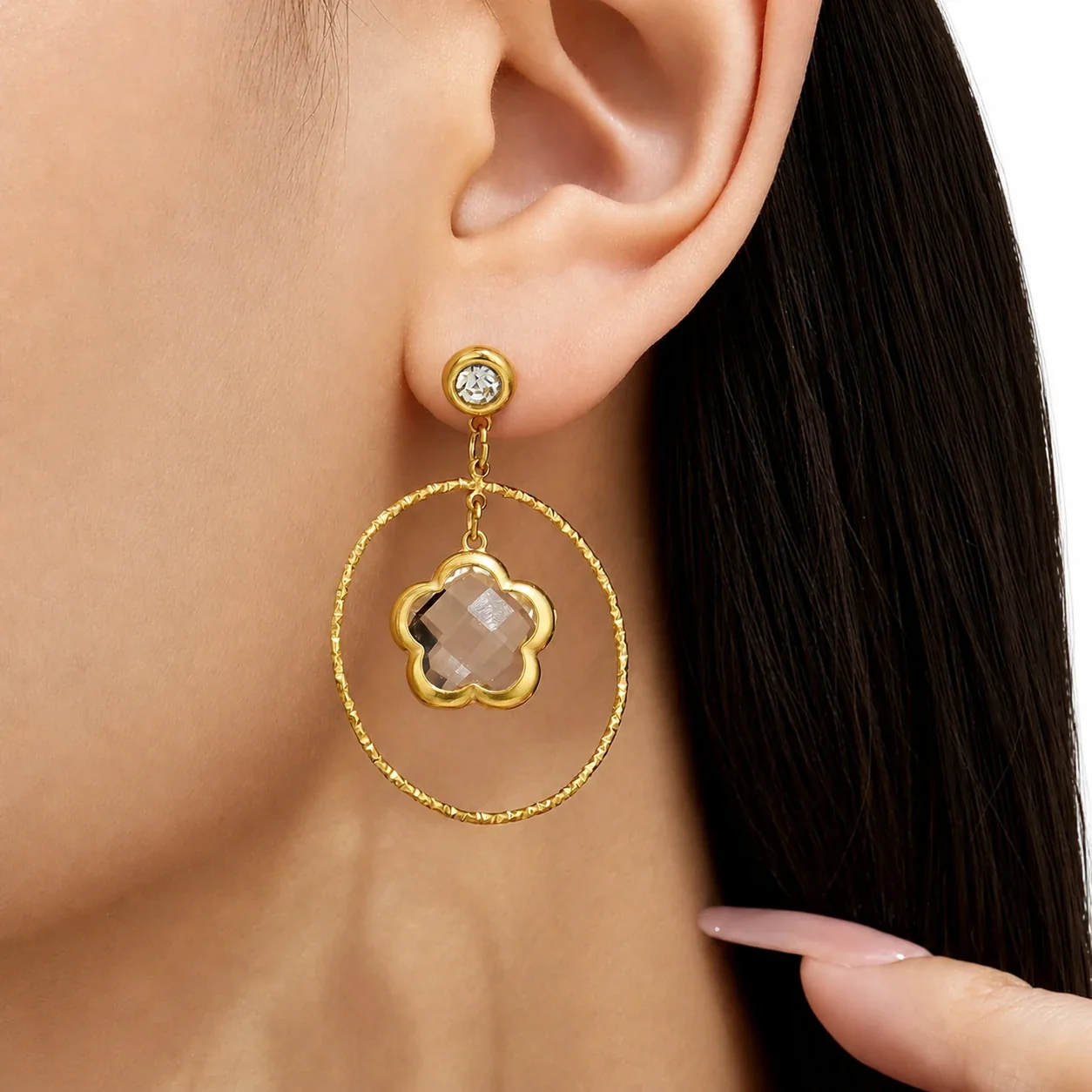 Luminous Gold-Plated 316L Flower Crystal Hoop Drop Earrings