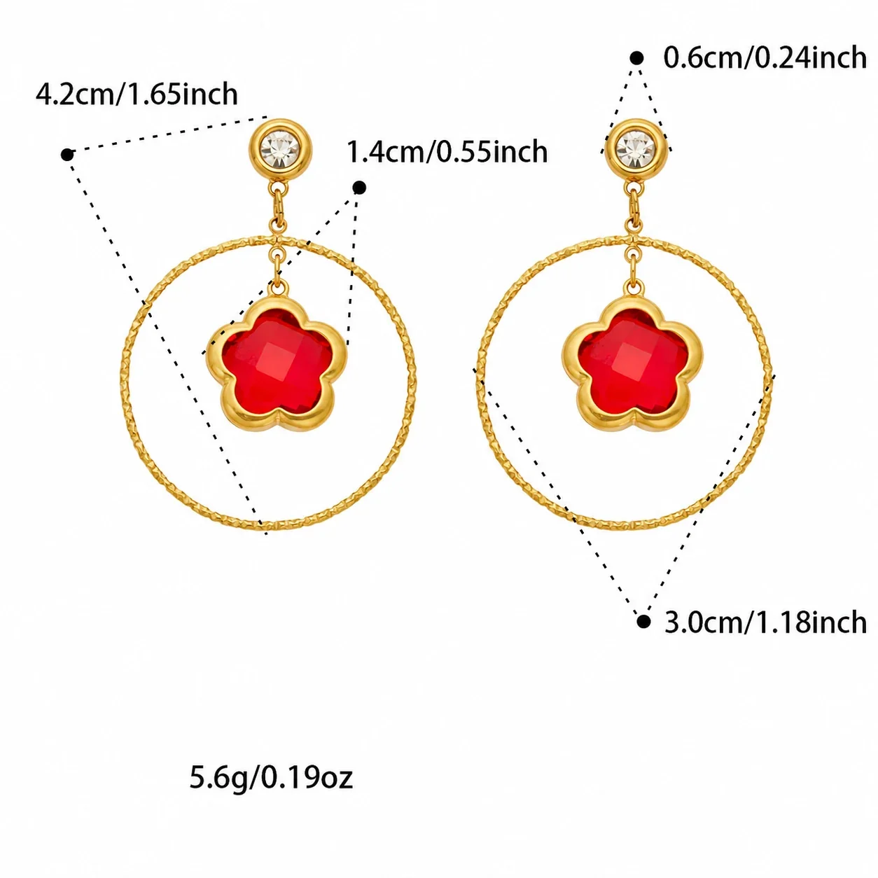 Luminous Gold-Plated 316L Flower Crystal Hoop Drop Earrings - Red Glass Stone Gold