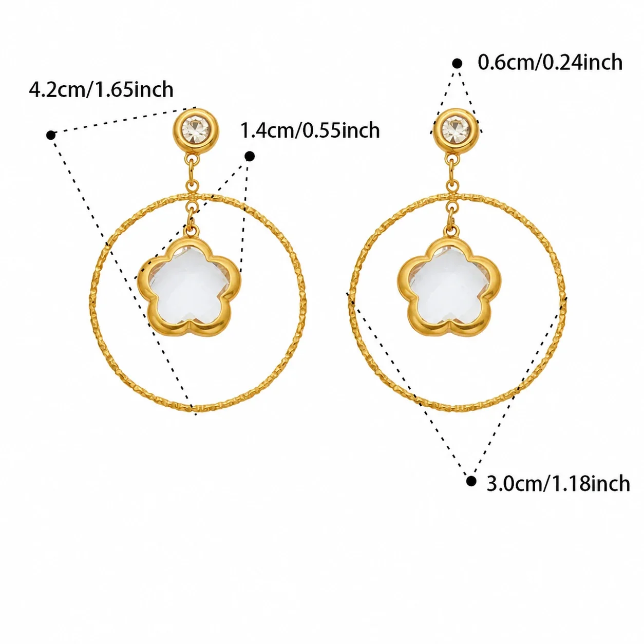 Luminous Gold-Plated 316L Flower Crystal Hoop Drop Earrings - Blue Glass Stone Gold