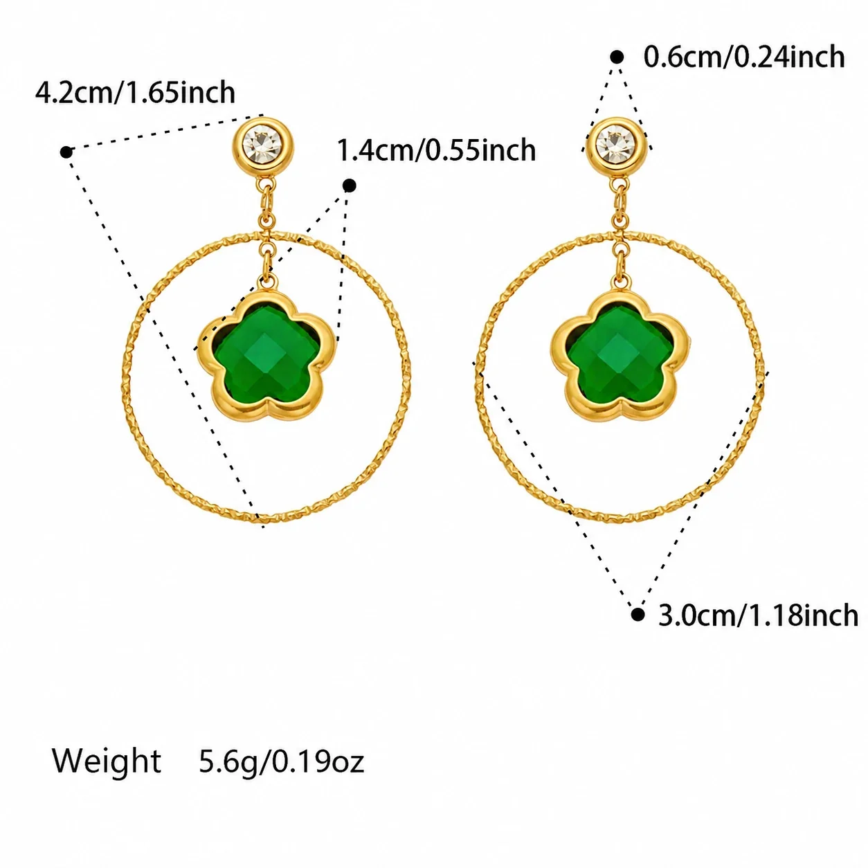 Luminous Gold-Plated 316L Flower Crystal Hoop Drop Earrings - Green Glass Stone Gold