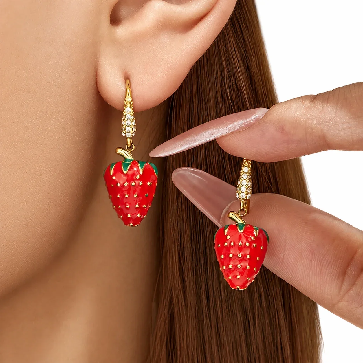 Playful Gold PVD 316L Strawberry Pavé Hook Drop Earrings