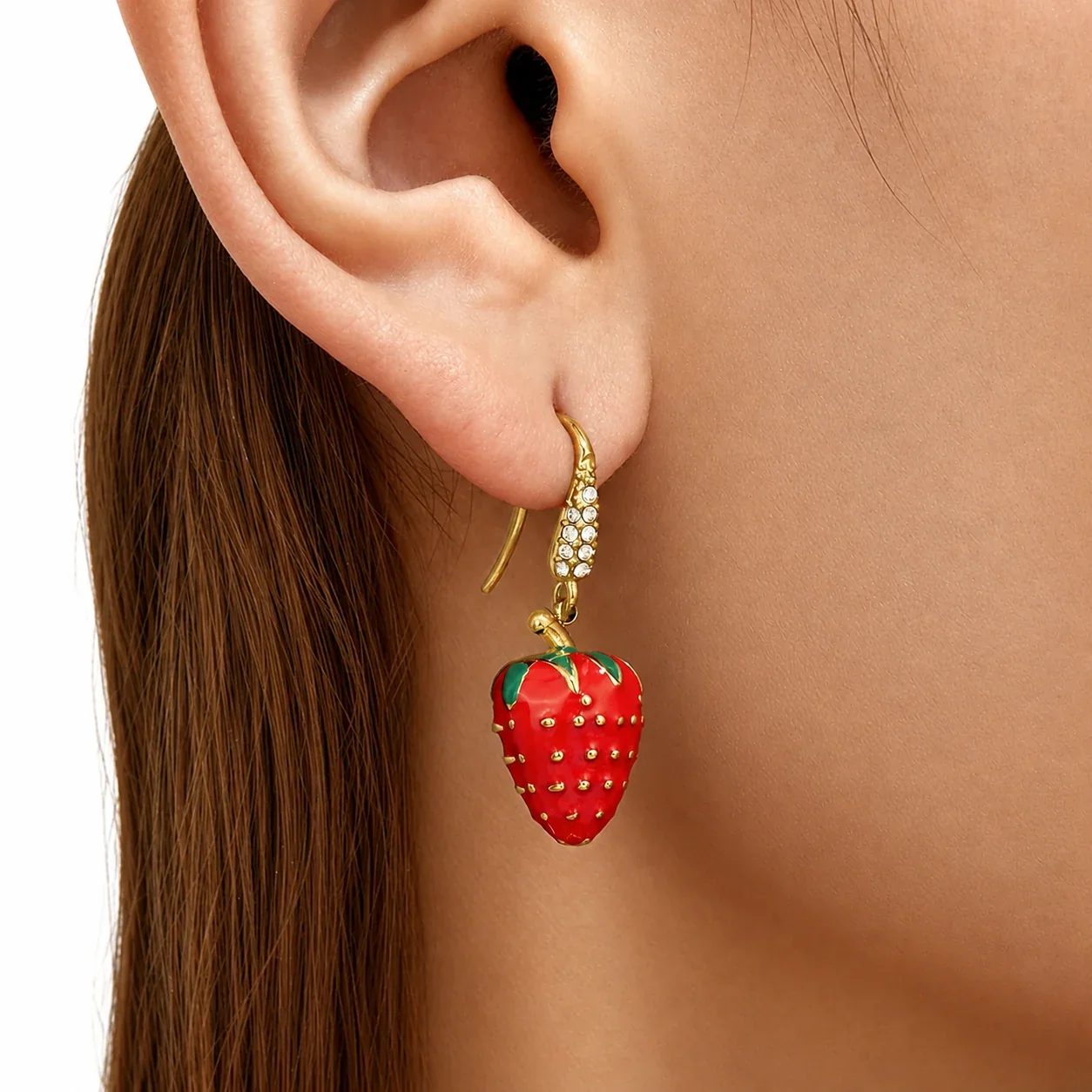 Playful Gold PVD 316L Strawberry Pavé Hook Drop Earrings