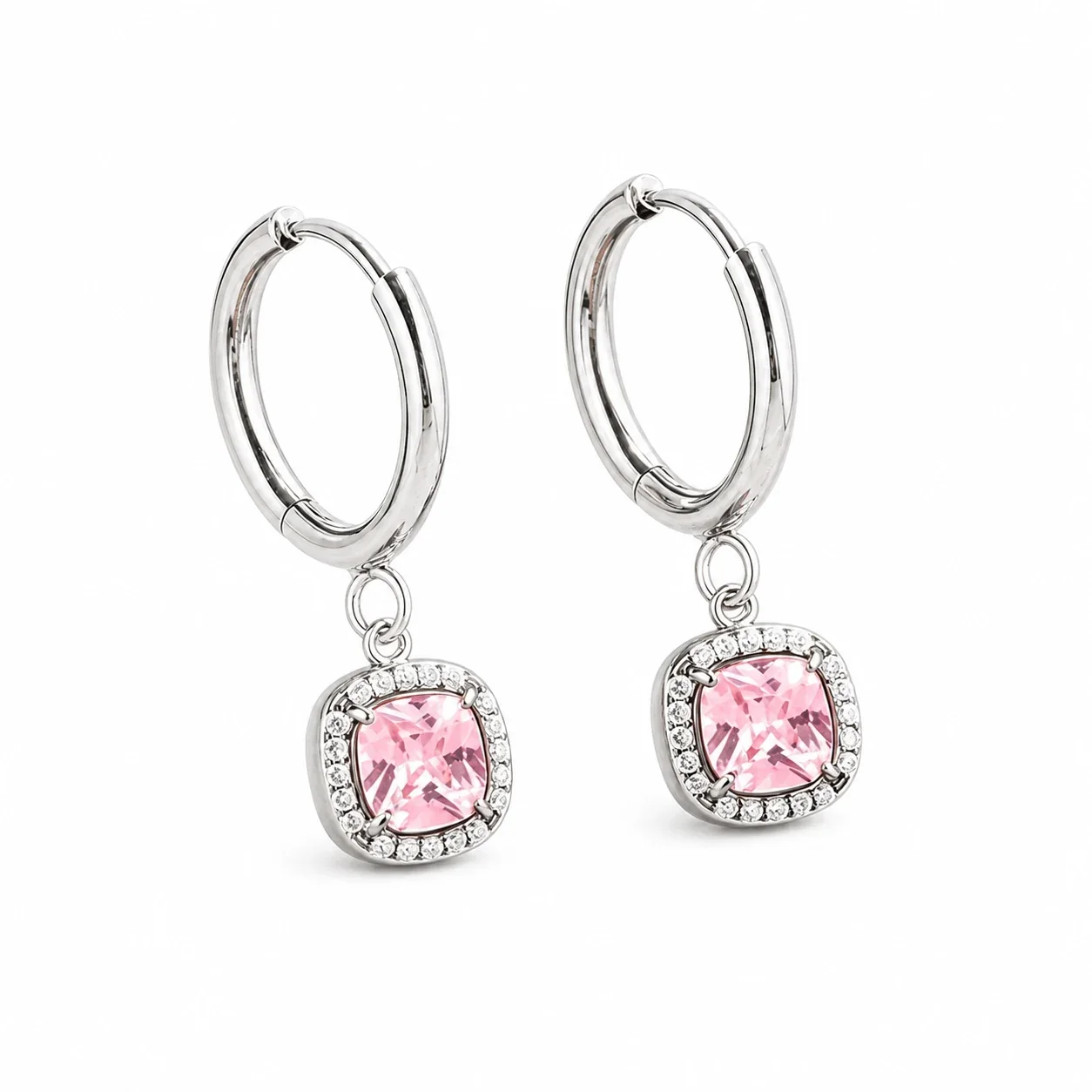 Polished 316 Stainless Cushion CZ Hoop Earrings