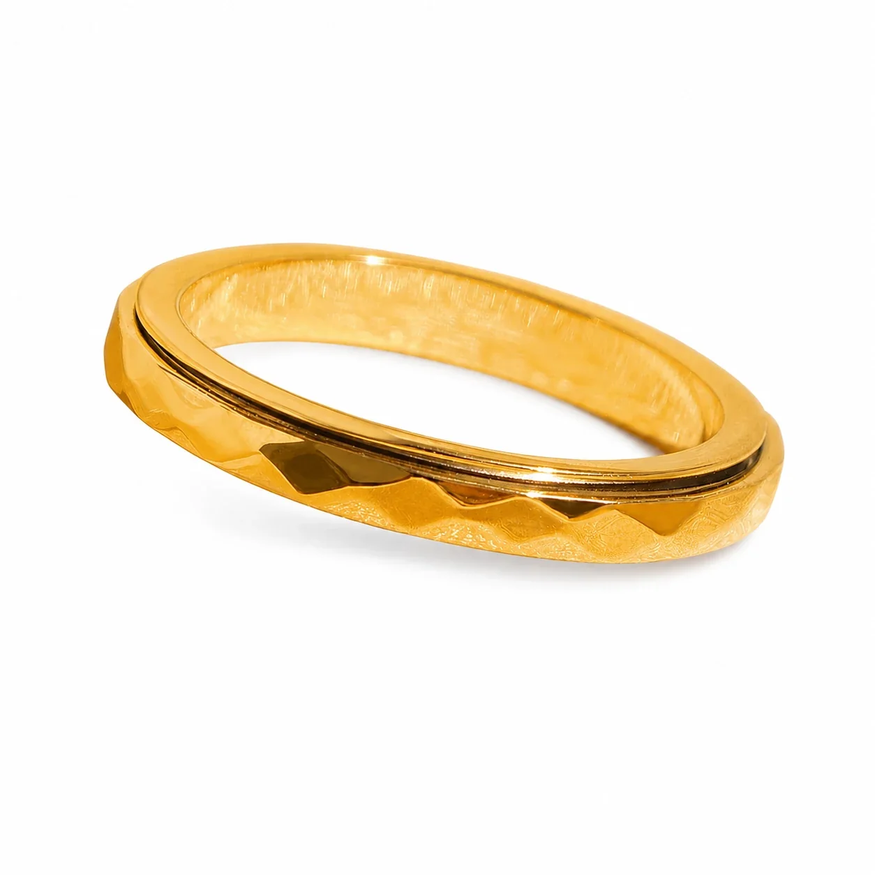 Faceted Stainless Steel Spinner Groove Band Ring - Gold