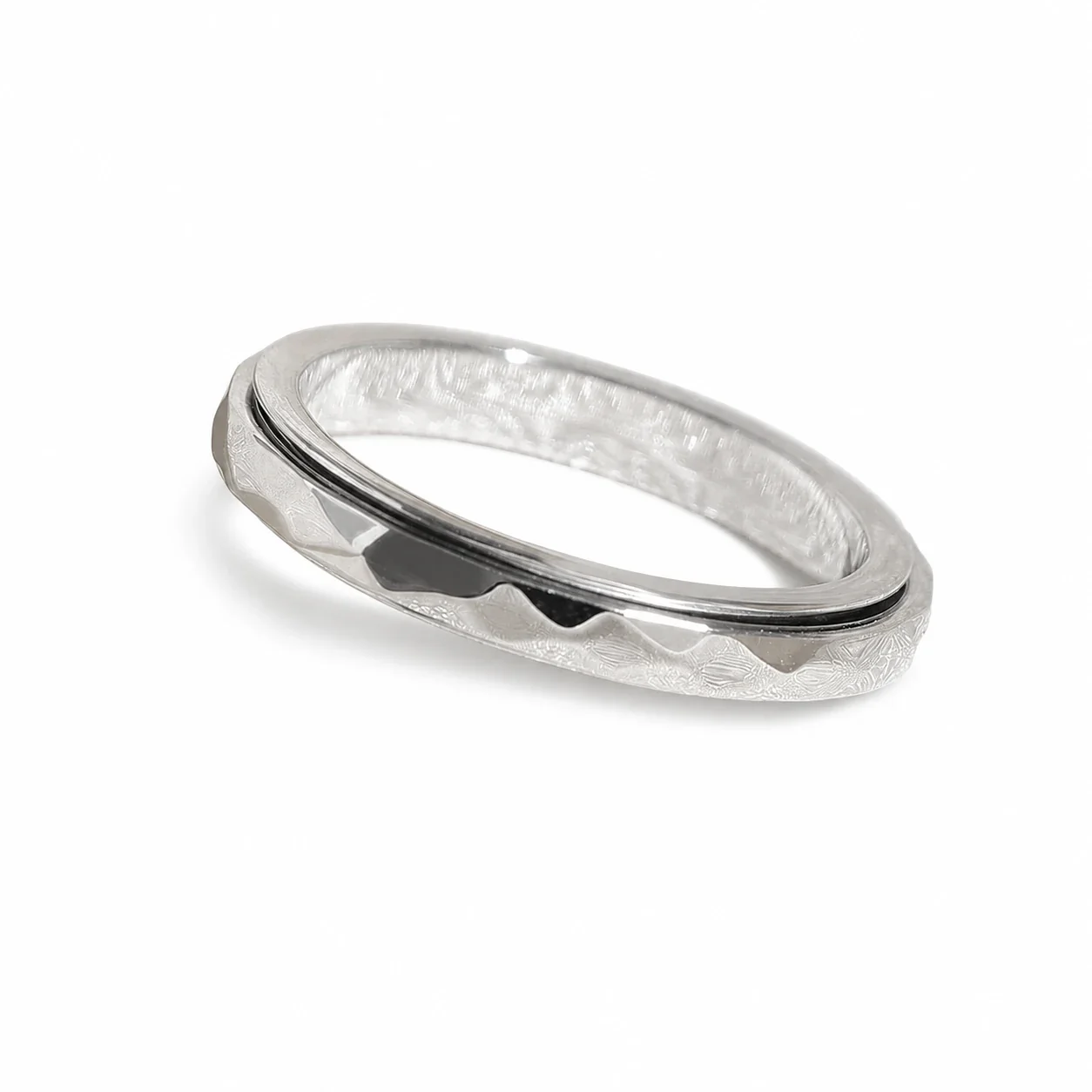 Faceted Stainless Steel Spinner Groove Band Ring - Silver