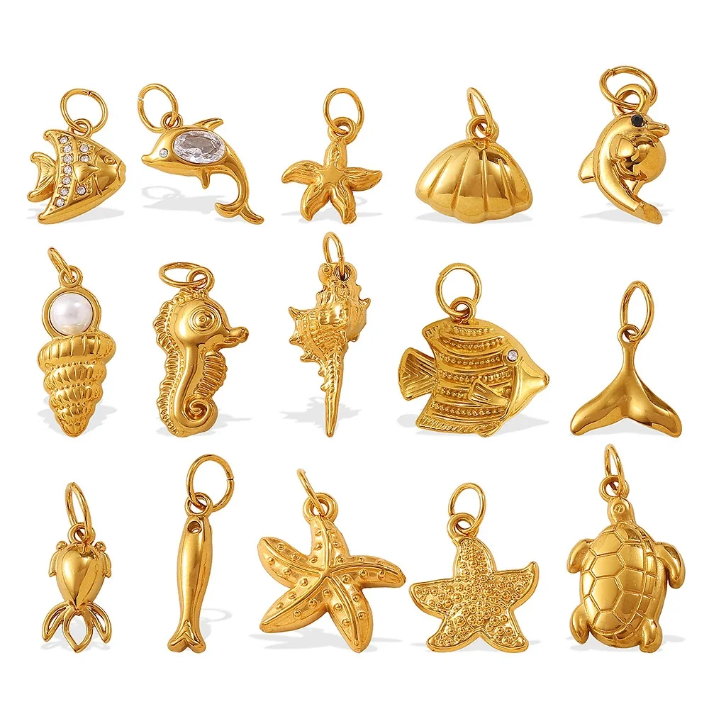 Sea Life Pendant Charms, Shell & Starfish, 18K Gold-Plated Steel