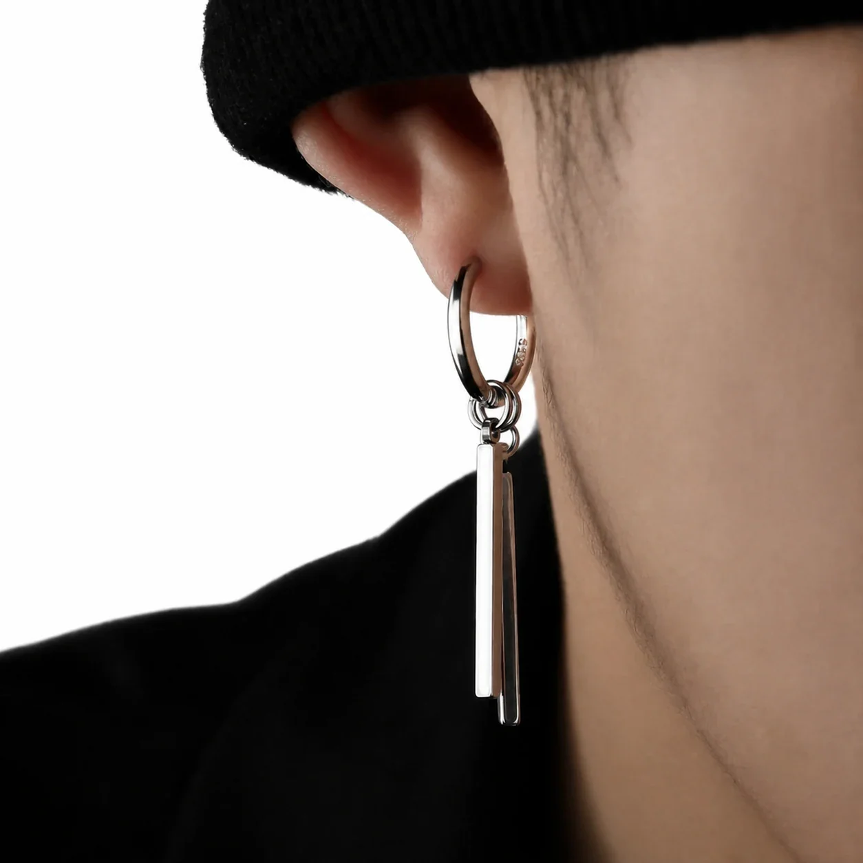 Edgy Stainless Steel Silver-Tone Twin Bar Hoop Earrings