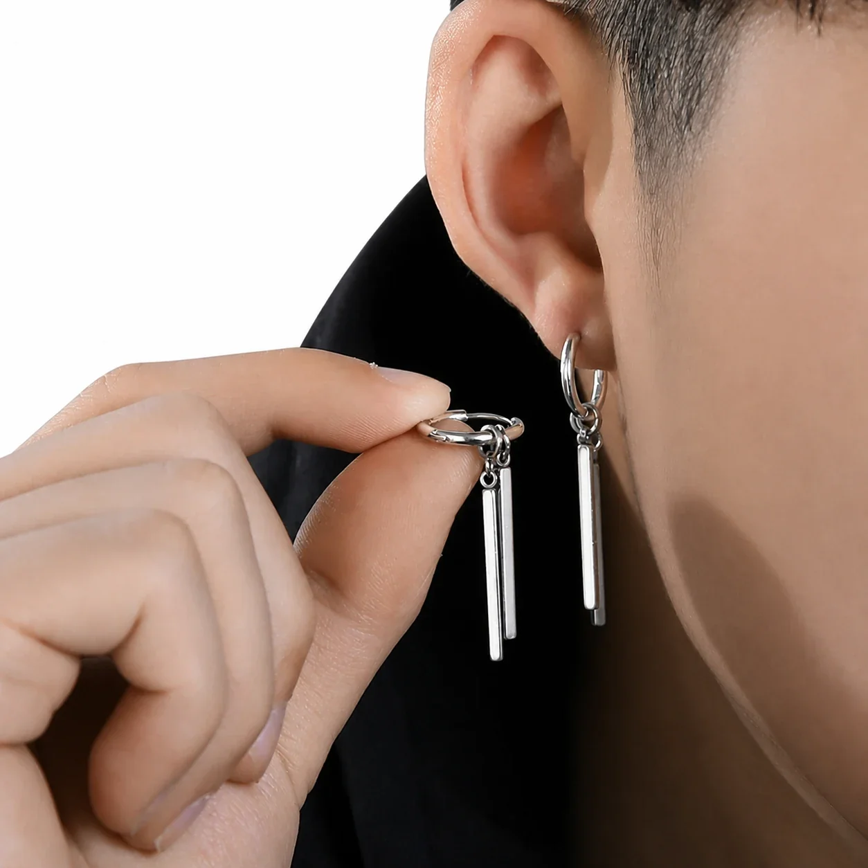 Edgy Stainless Steel Silver-Tone Twin Bar Hoop Earrings