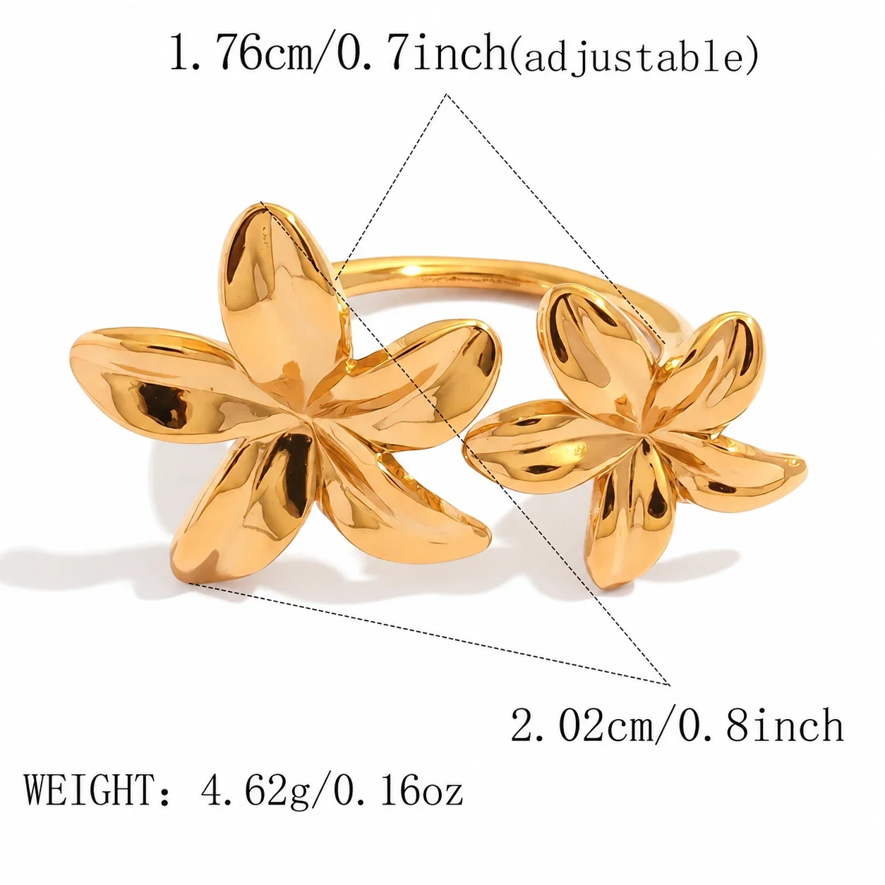 Ring met Twee Vijfbladige Bloemen van Roestvrij Staal met Goudkleurige PVD productfoto