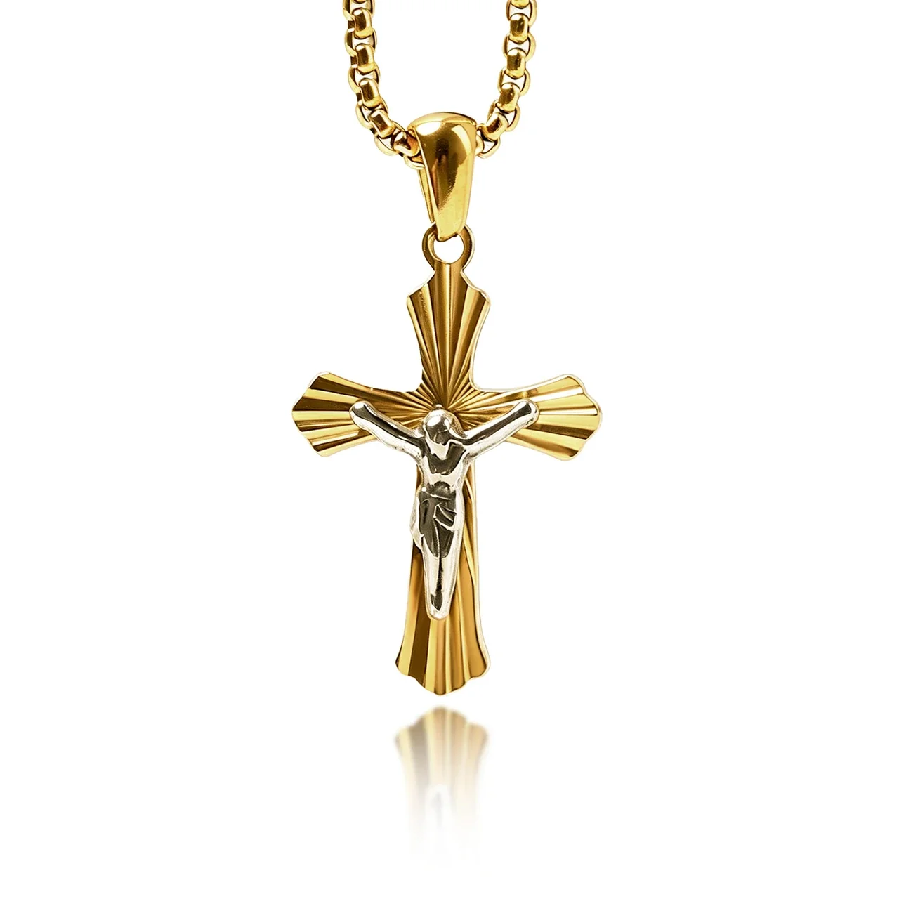 Radiant Gold-Plated Fluted Crucifix Pendant Necklace